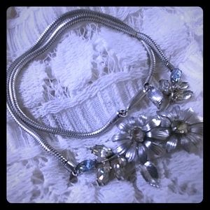 Vintage Krementz Silver Floral Rhinestone Necklace Jewelry